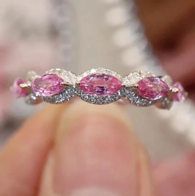 Marquise Simulated Pink Sapphire Engagement Band Ring In 14k White Gold Plated