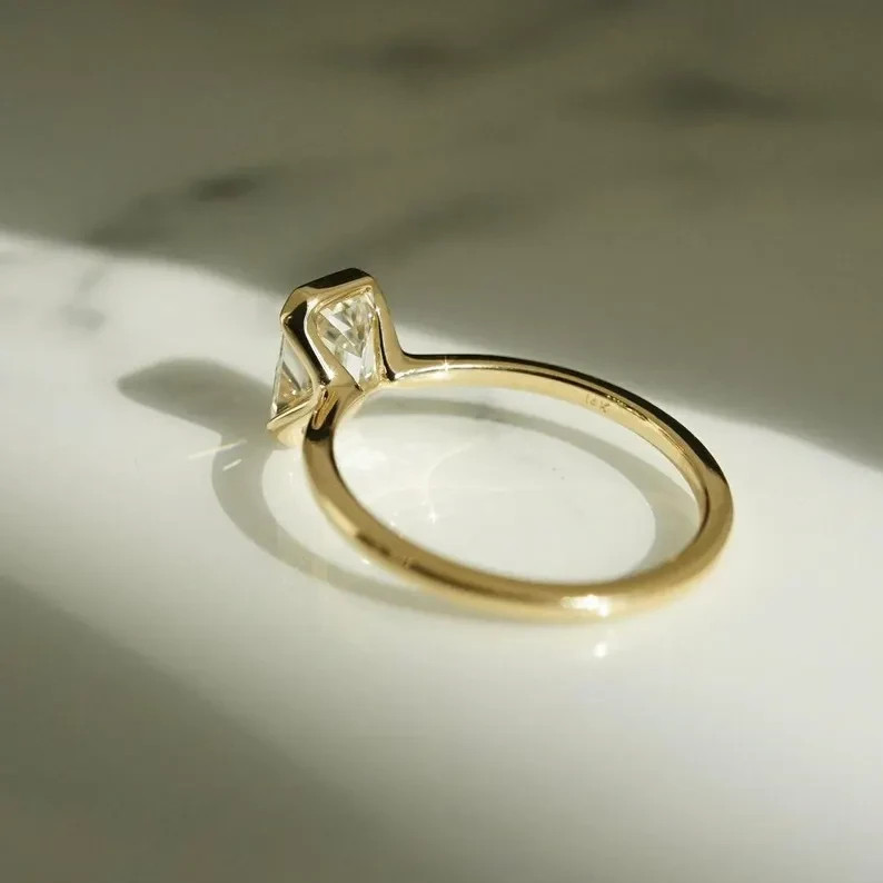2Ct Emerald Cut Real Moissanite Bezel Engagement Ring 14K Yellow Gold Plated