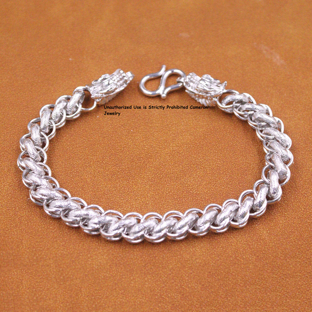 Pure S999 Fine Silver Bracelet 9mm Dragon Thailand Link Chain 25-26g 7.9inch