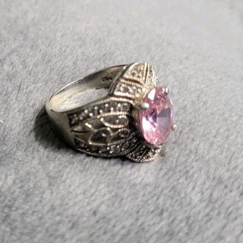 🌸4 Ct Light Cotton Candy Pink & White CZ ? 925 S/S Filigre Ring Sz 7 Marked BBJ