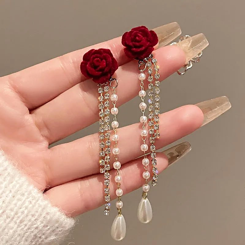 Silver Tone Red Rose Rhinestone Crystal Simulated Teardrop Pearl Dangle Earrings