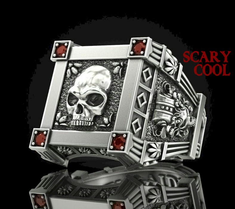New Skull Skeleton Red Crystal Embossed Head Silver Mens Gothic Biker Ring