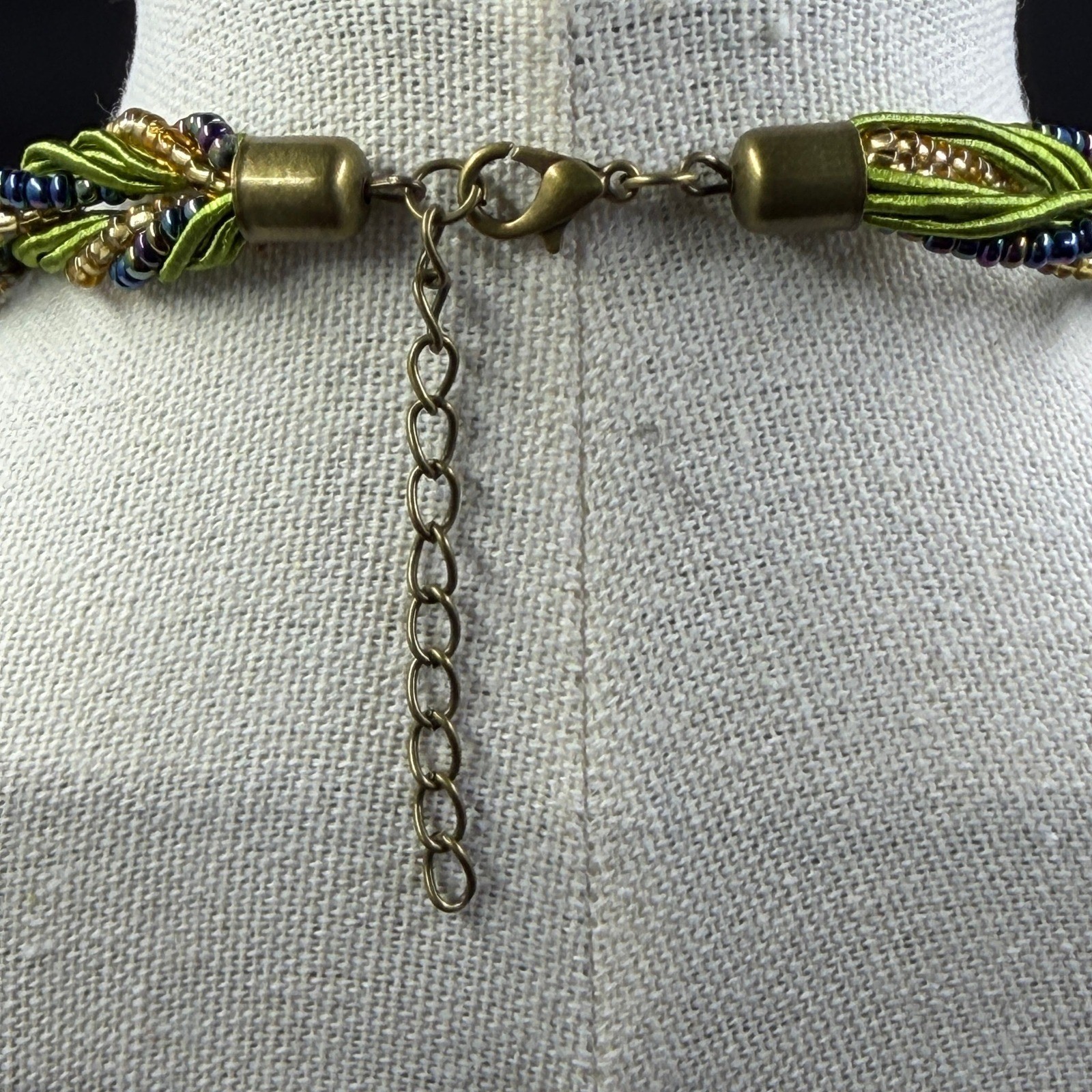 Boho Necklace Green Beaded Multi Strand Pendant Vintage Style Cottagecore 20″