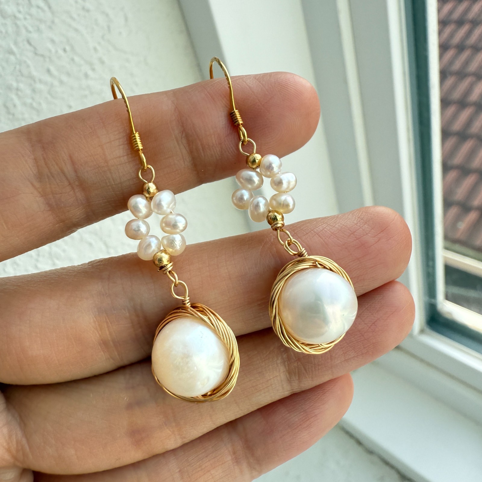 Natural Freshwater Pearl Earrings 925 Sterling Sliver Wire Wrapped Handmade Drop