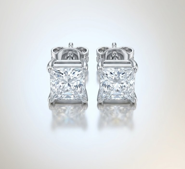 4Ct Princess Cut White Diamond Solitaire Studs-Great Shine! Ideal Gift