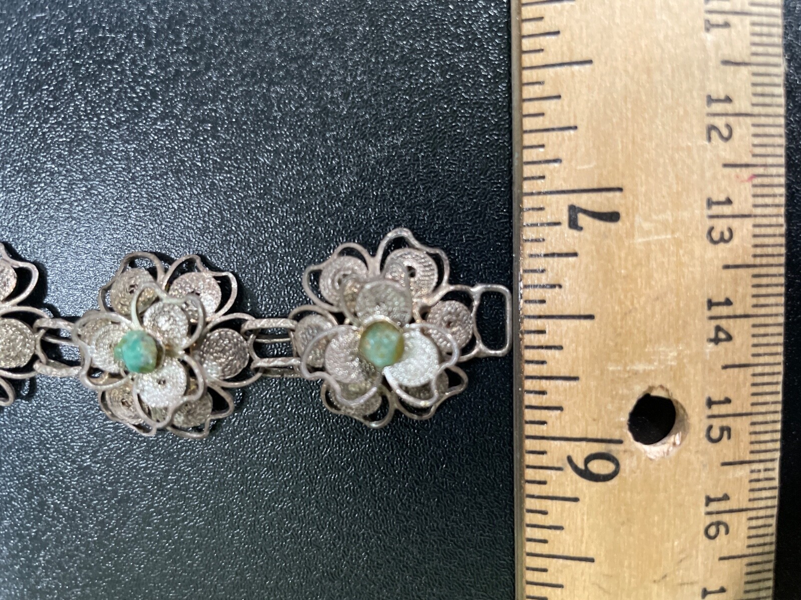 Bracelet From Peru Detailed Sterling Silver & Unpolished Emerald 7″