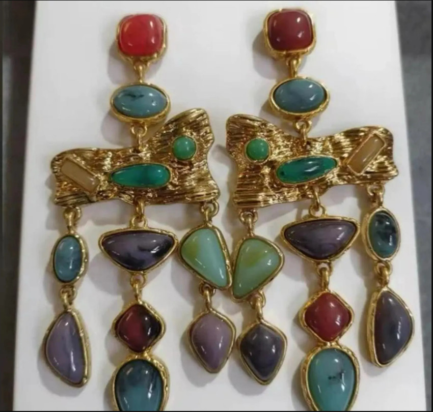 Vintage Boho Multicolor Gold Statement Stone Earrings Birthday gift Vacation