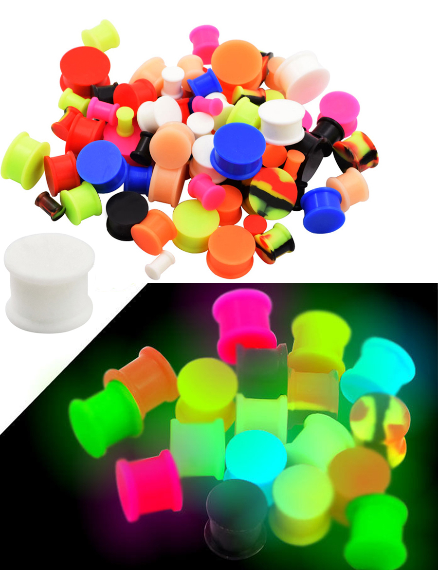 Pair Solid Silicone Ear Gauges Glow in The Dark Ear Plugs Double Flared 2g-3/4″