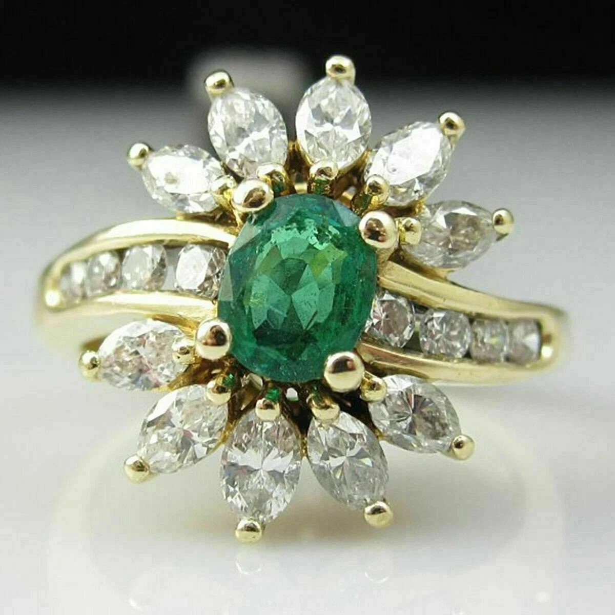 2.00 Ct Oval Cut Natural Emerald & Diamond Wedding Ring 14K Yellow Gold Size 7