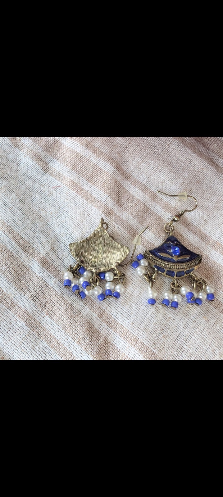 Blue & White Beaded Dangle Drop Hook Earrings Silver-Tone Metal Eurovintage