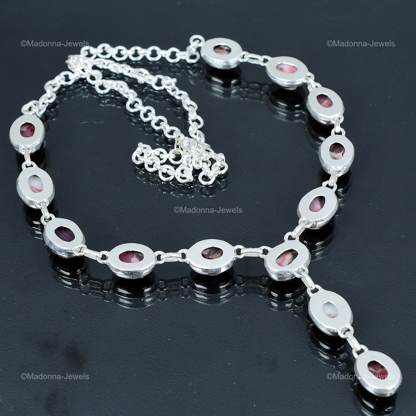 925 Silver Oval Kingman Red Mohave Copper Turquoise Stone Chain Necklace Jewelry