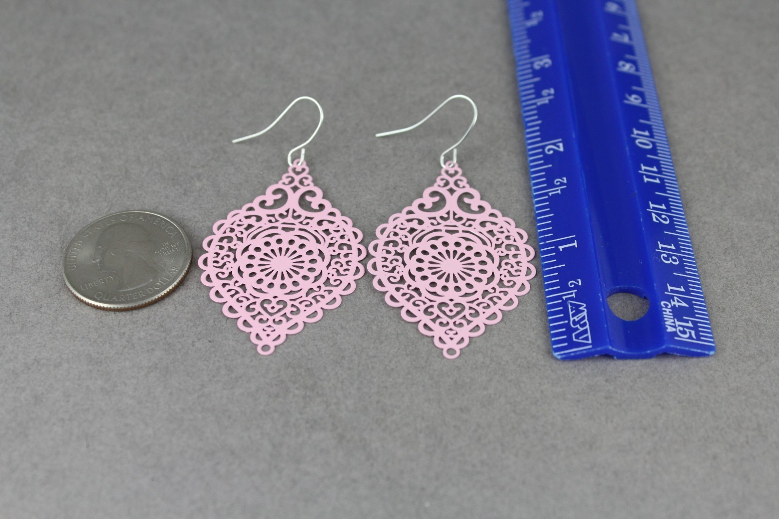 light Pink earrings teardrop dangle VERY lightweight filigree 2 3/8″ long floral