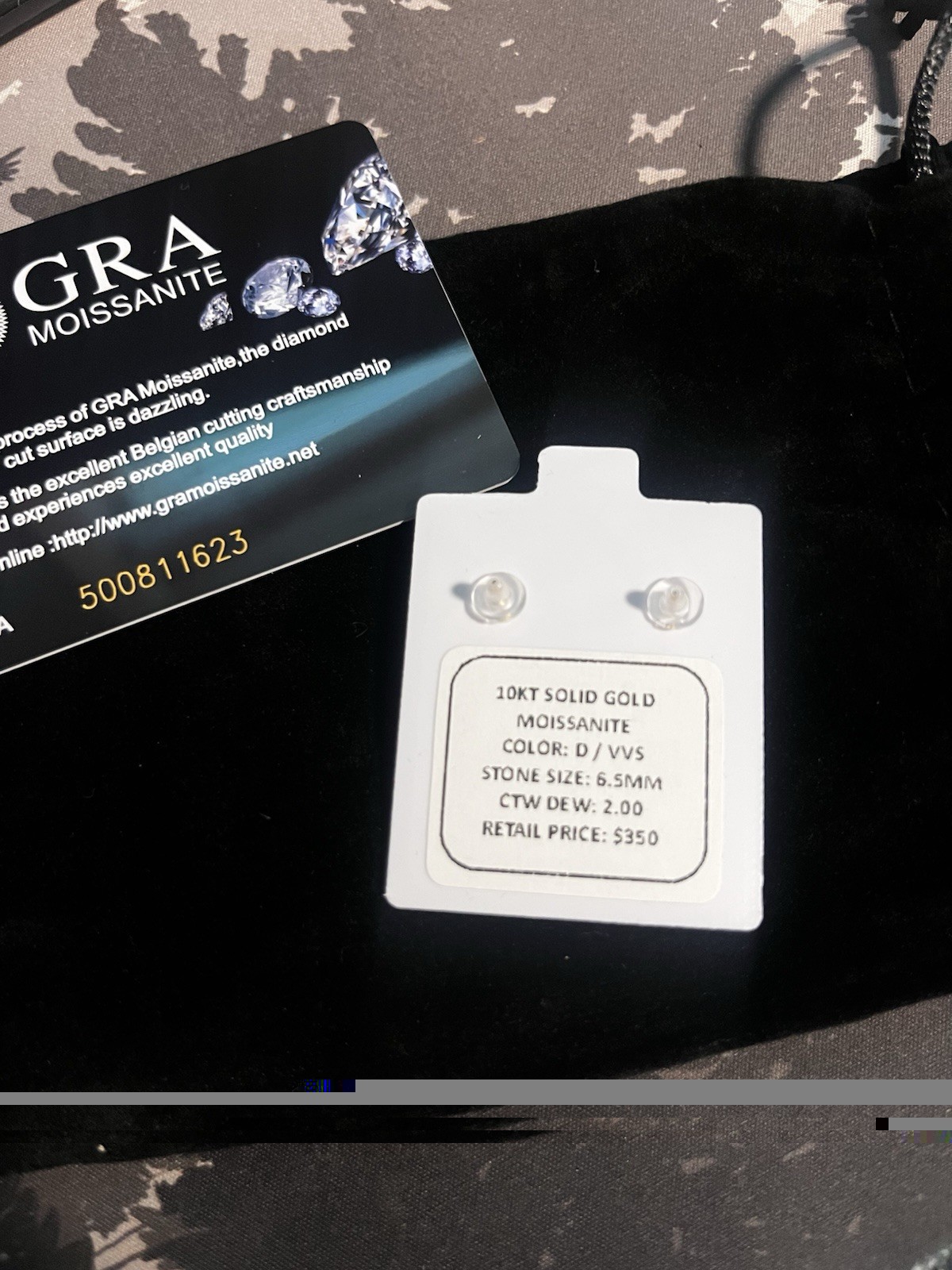 GRA moissanite stud earrings 10k yellow gold round 6.5mm 2.00 ctw VVS D