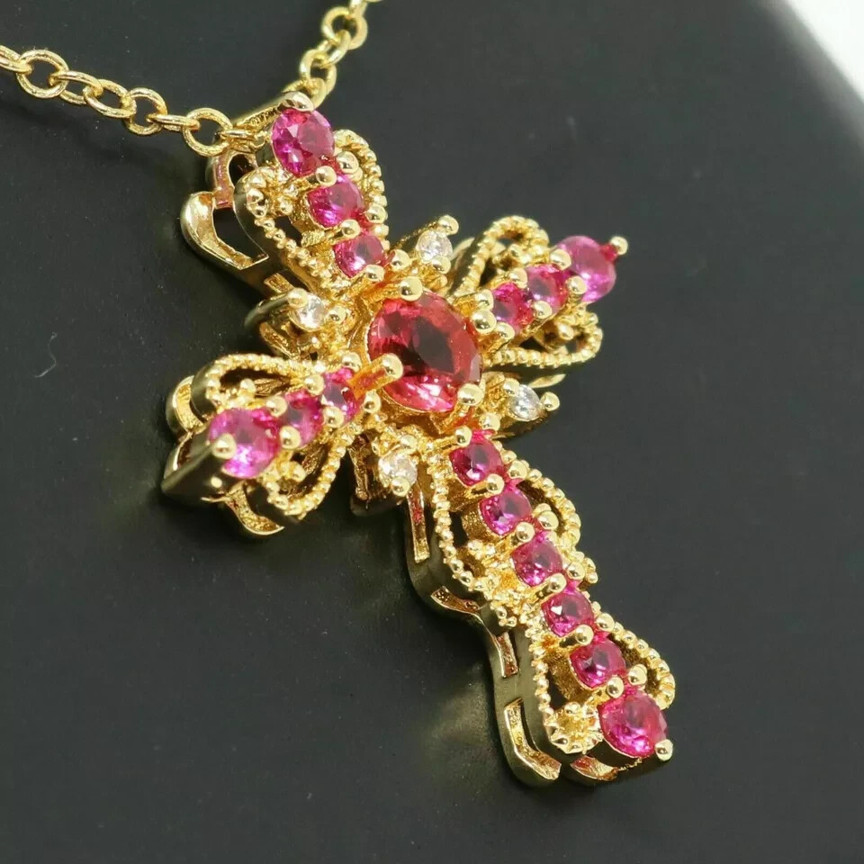 3Ct Round Cut Red Ruby Diamond Cross Pendant 14K Yellow Gold Over