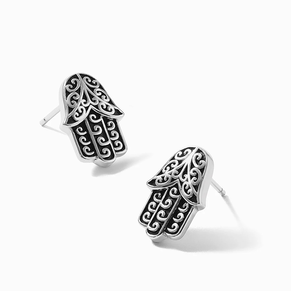 Sterling Silver RH-Plated Polished/Oxidized Filigree Hamsa Post Earrings