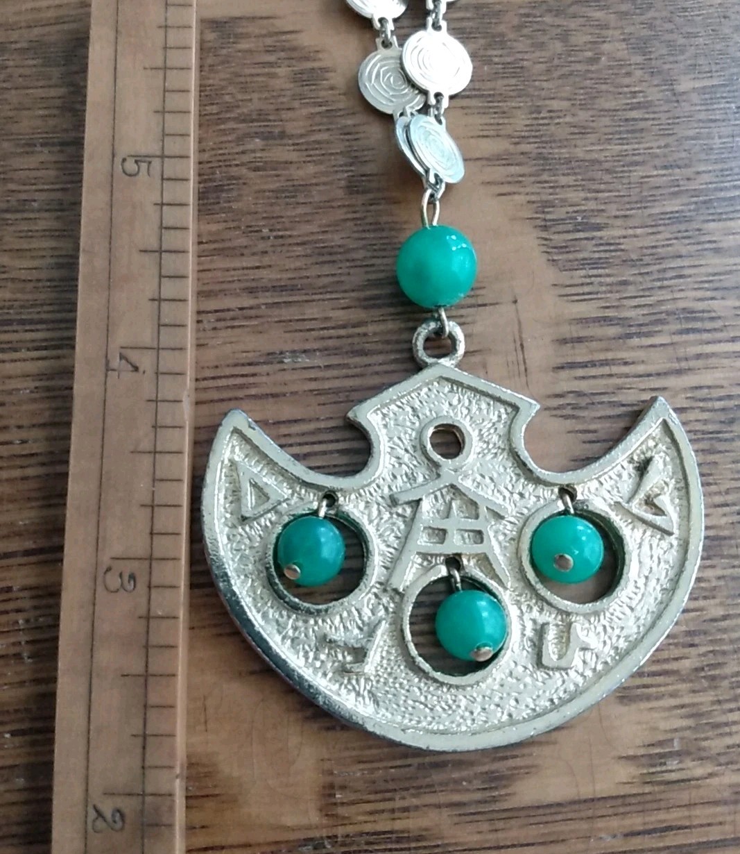 Vintage signed LJM Asian Theme Chain & Pendant With Green Glass Balls
