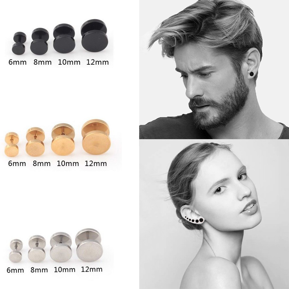 Black/Silver Mens Barbell Punk Gothic Stainless Steel Ear Studs Earrings 3-14mm