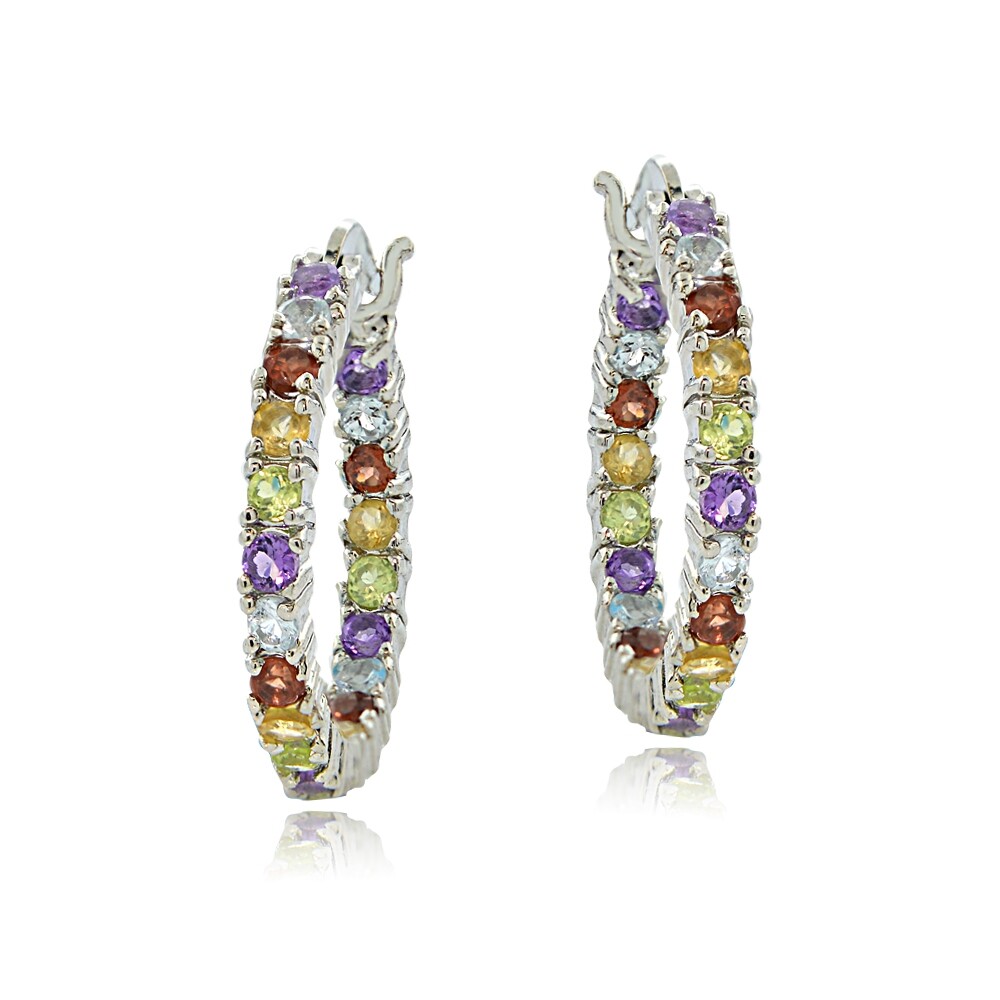 925 Sterling Silver Multi Color Gemstone Hoops Earrings
