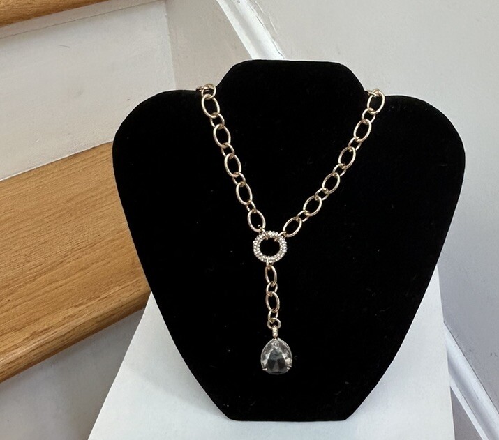 Signed ABS Allen Schwartz Gold Tone Chain Crystal Pendant Necklace B11