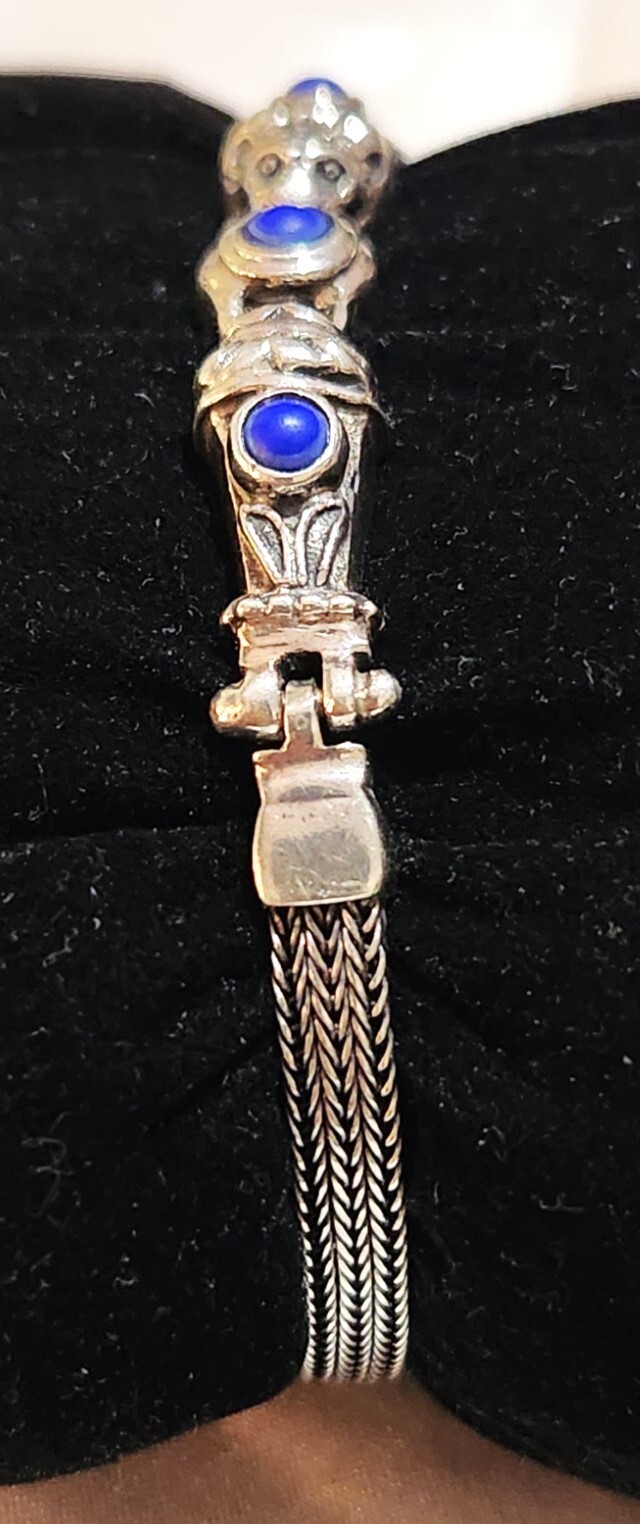 Sterling Silver Lapis Lazuli 3 Stone 4mm Wheat Chain 7 In Bracelet Signed OA 925