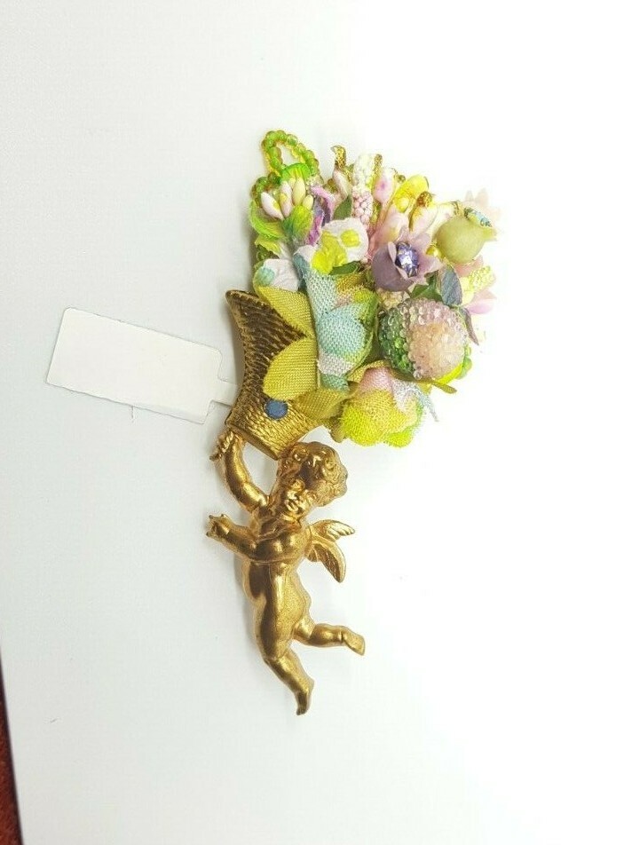 Michal Negrin Romantic Golden Brooch basket flowers Crystals angel