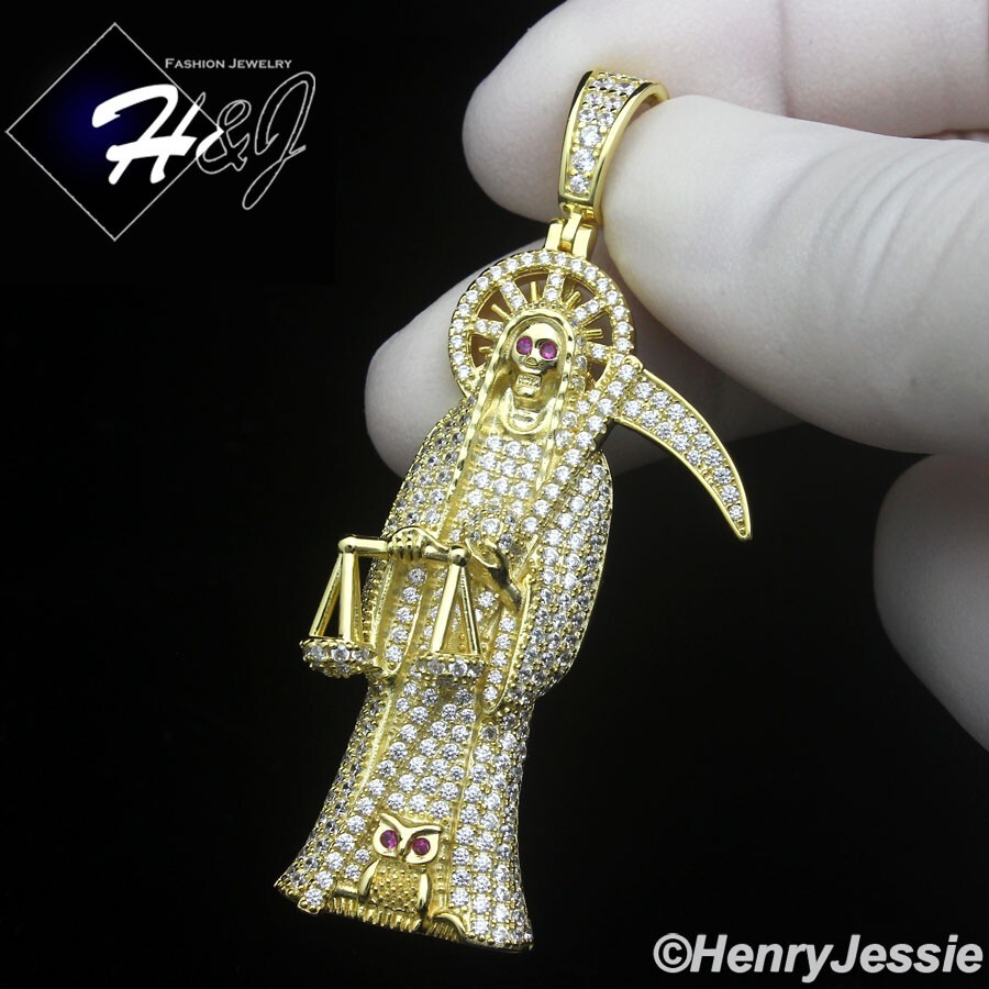 MEN 925 STERLING SILVER ICY BLING CZ 3D GOLD PLATED SANTA MUERTE PENDANT*GP518