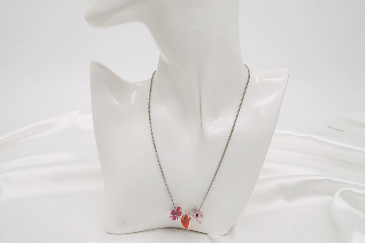 CHANEL 04P Necklace Coco Mark Heart Clover Accessory Silver Pink Red 7151j