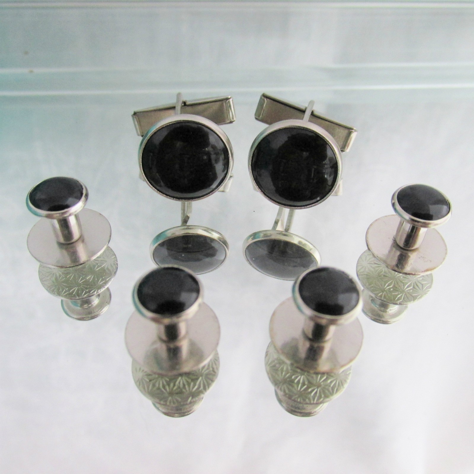 Faux Onyx Silver Plated Cufflinks + 4 Studs Set Wedding Prom Special Occasion