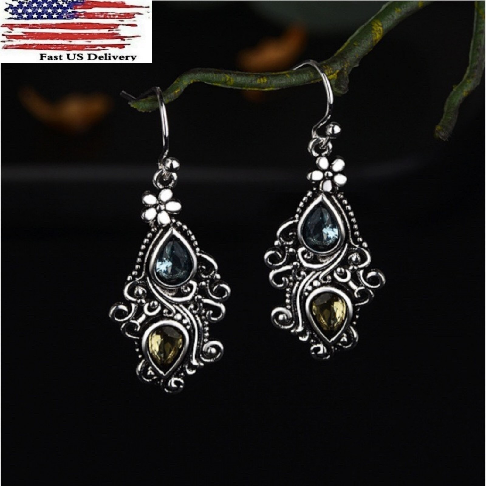 Fashion Boho Drop Earring Silver Plated Jewelry green Tourmaline Lab-Created C8
