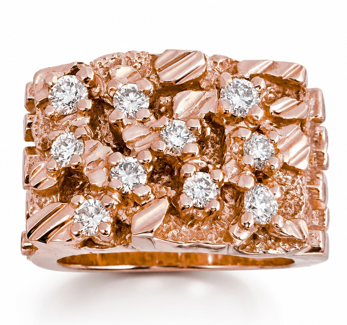 Real 10K Rose Gold 0.70 Carat Wide Face Diamond Mens Nugget Ring(Natural or Lab)
