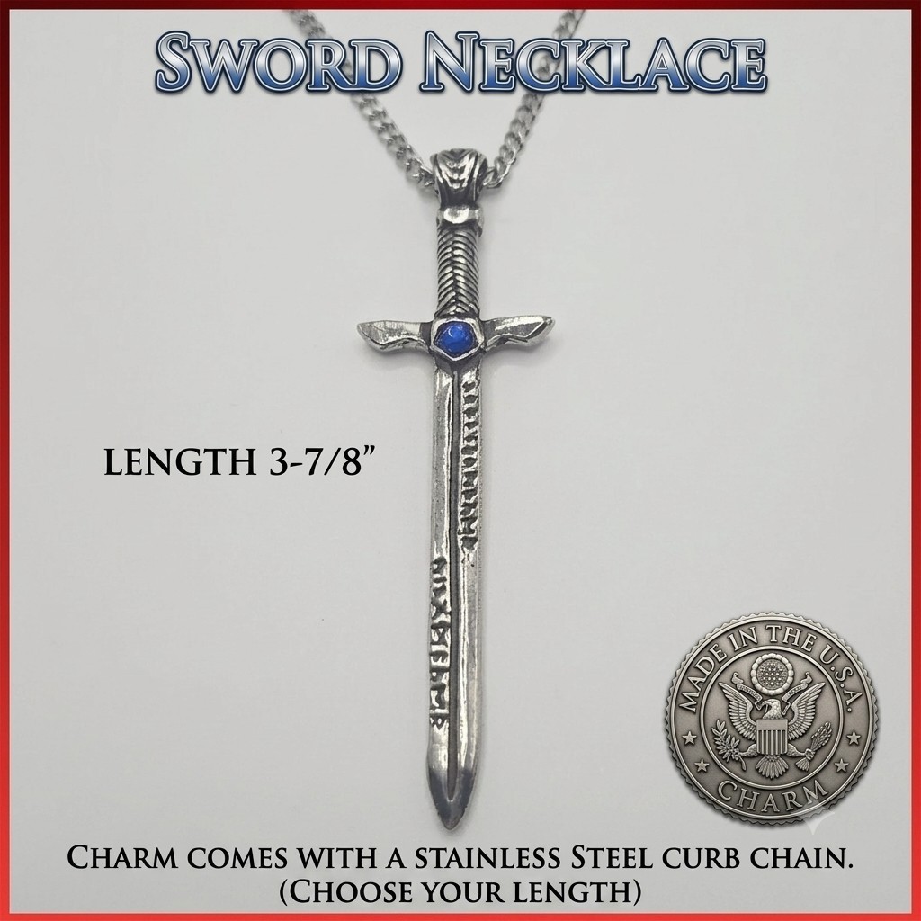 SWORD / BLUE STONE Pewter Pendant Charm /18″-24″ STAINLESS CURB CHAIN NECKLACE