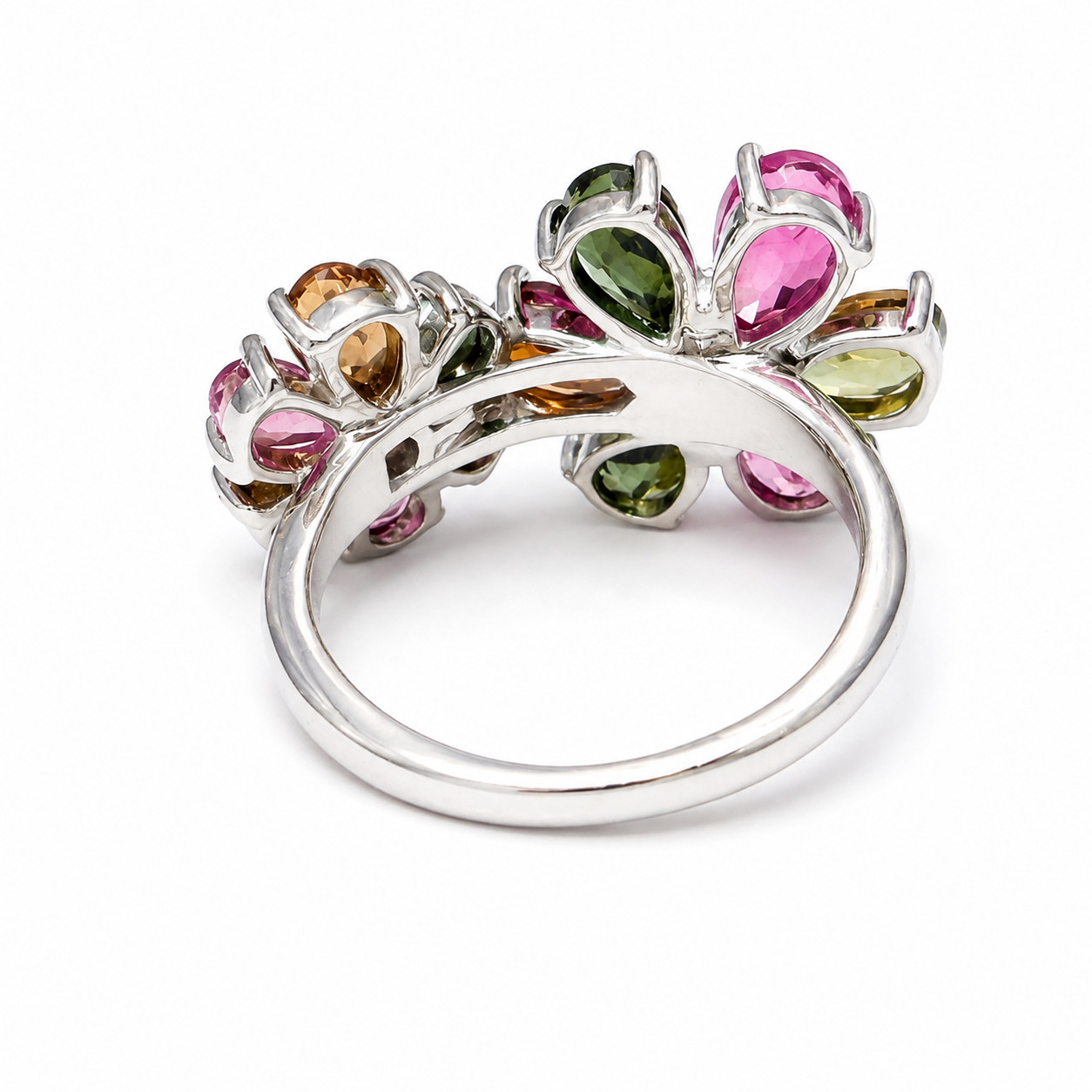 Multi Gemstone Tourmaline 2 Flowers (5) Sterling 925 Bypass Ring Pink Green NEW
