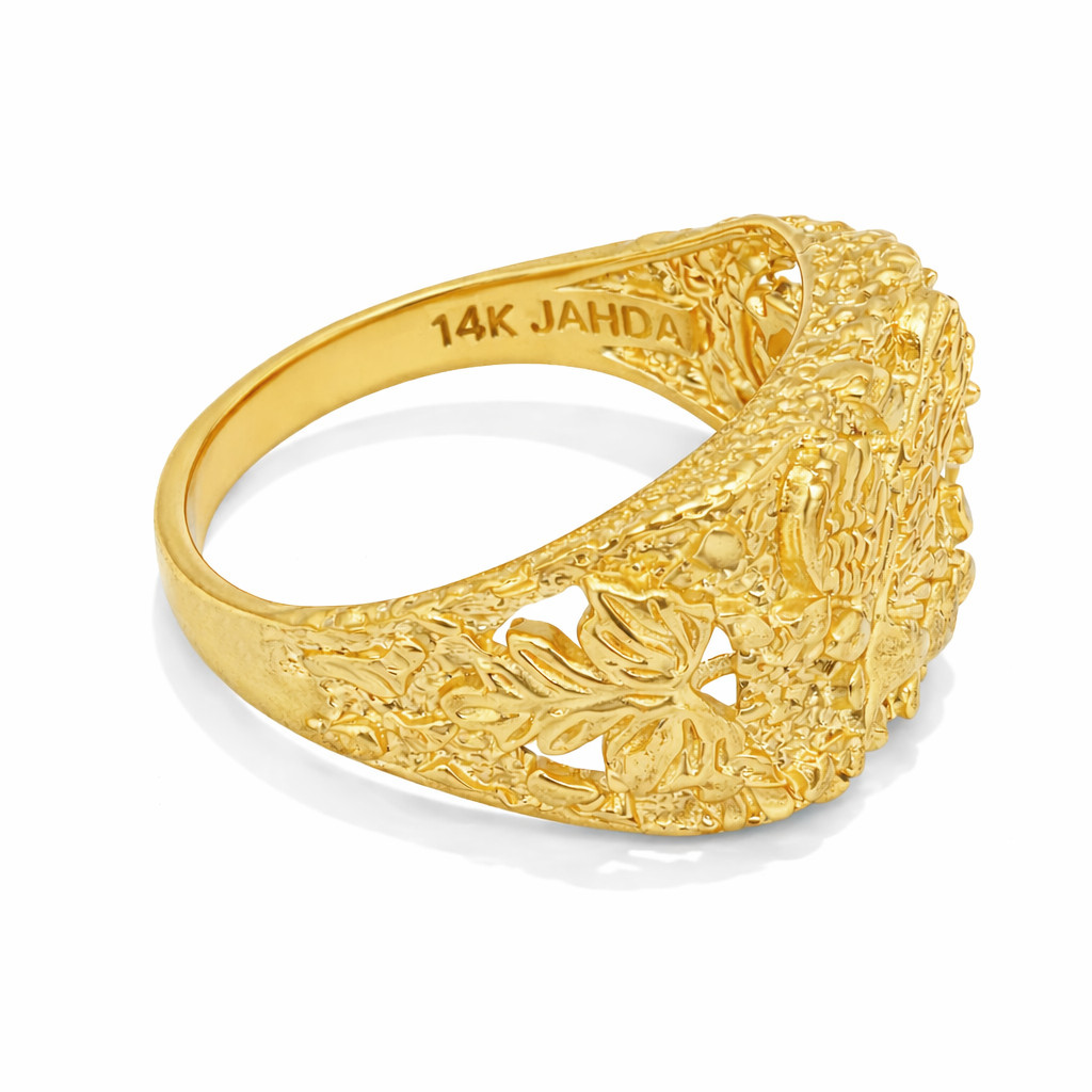 Solid 14K Yellow Gold Large Eagle Leaf Mens Nugget Ring, Size 5 – 15