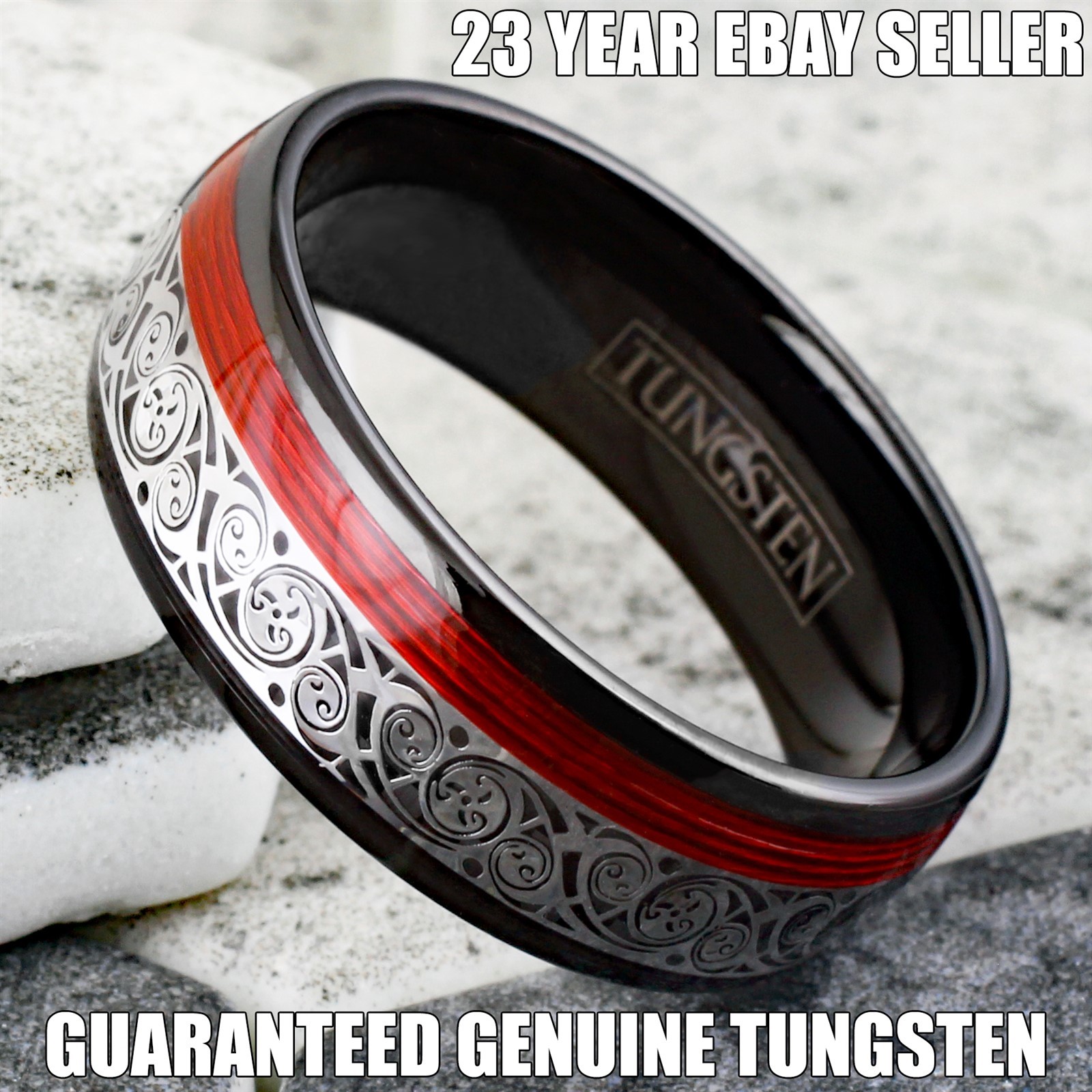 Black Men’s Tungsten Carbide Clockwork Gears & Red Wire Wedding Band Ring