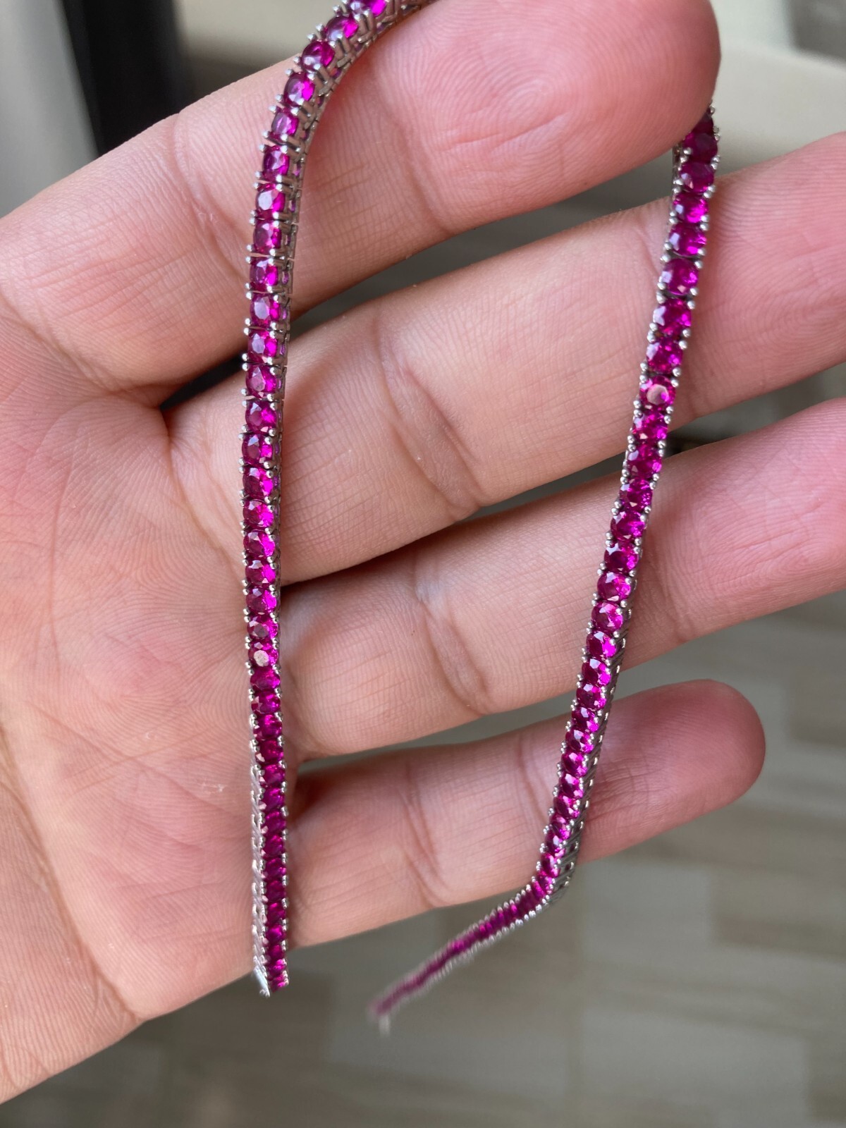Ruby Tennis Necklace Round Stone Lab Created, 925 Sterling Silver 3,5mm 17.5