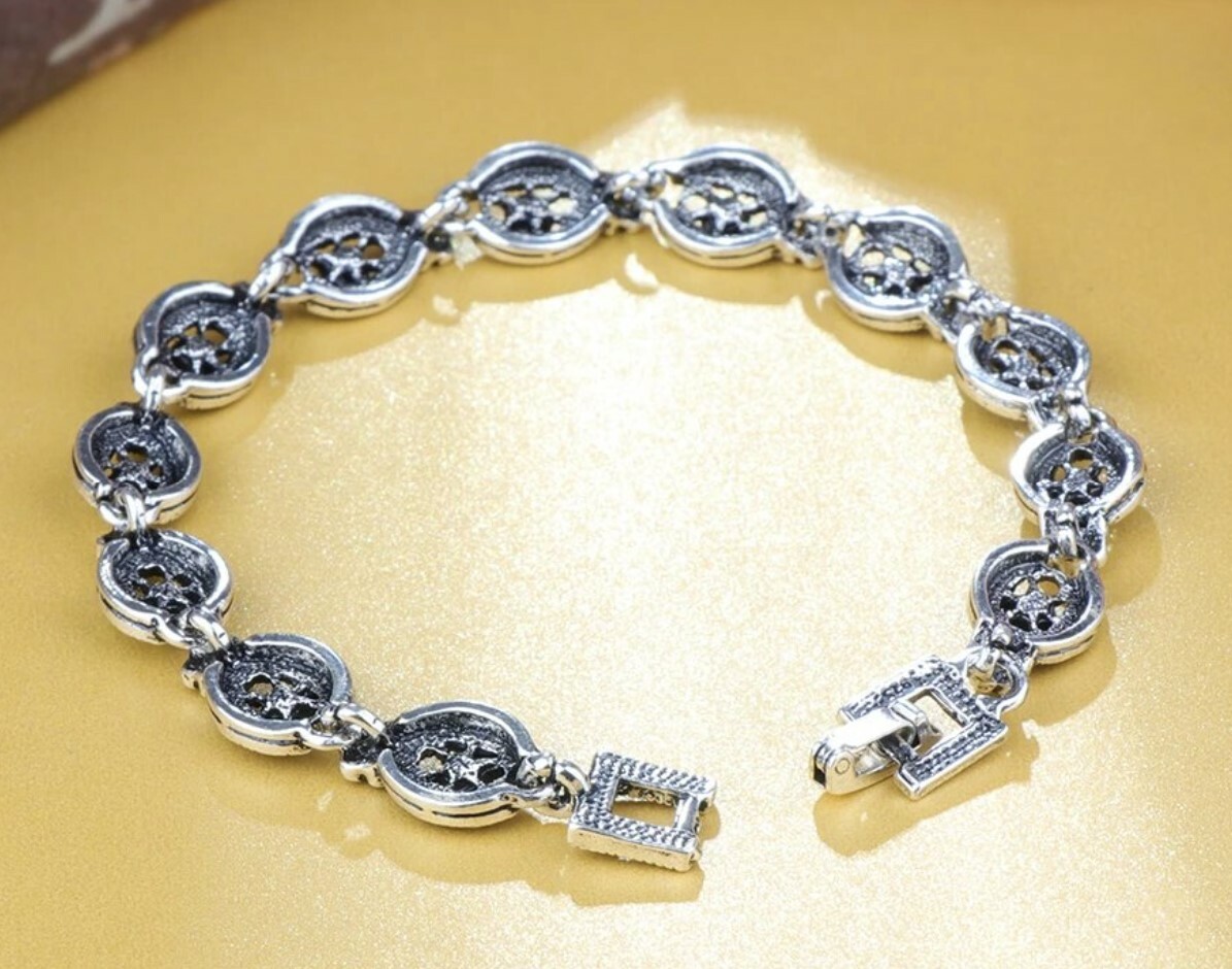 7.9 inch Silver Plated Turkish Style bracelet with marcasite-like stones