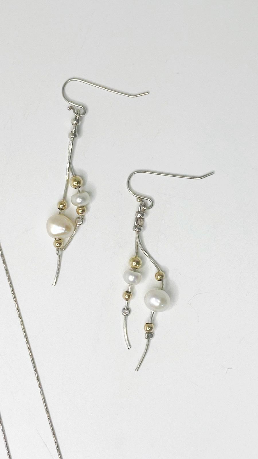 925 Silver Pearl Necklace & Dangle Earrings Set Gold Beads Elegant