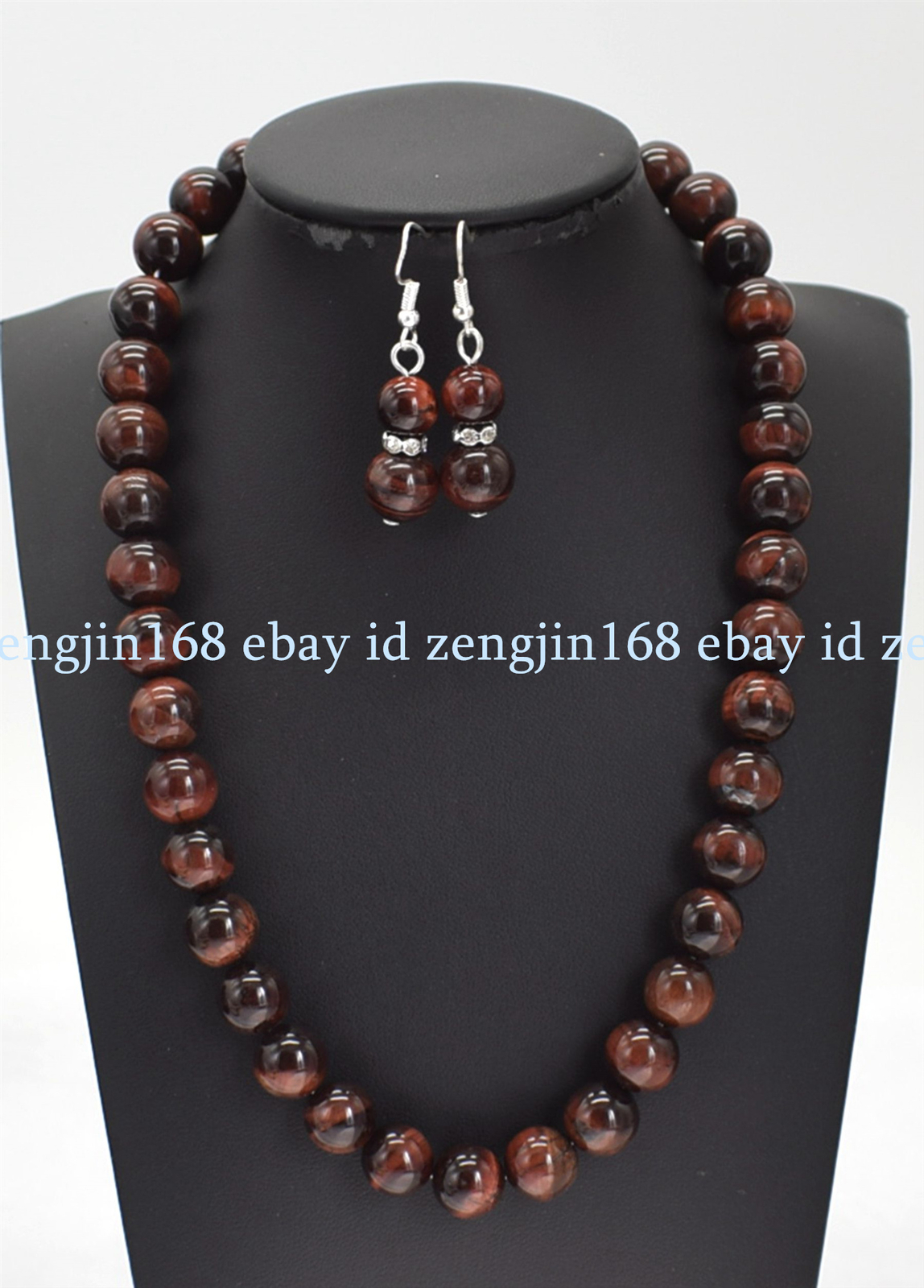 6/8/10/12mm Natural Red Tiger’s Eye Round Gemstone Beads Necklace Earrings Set