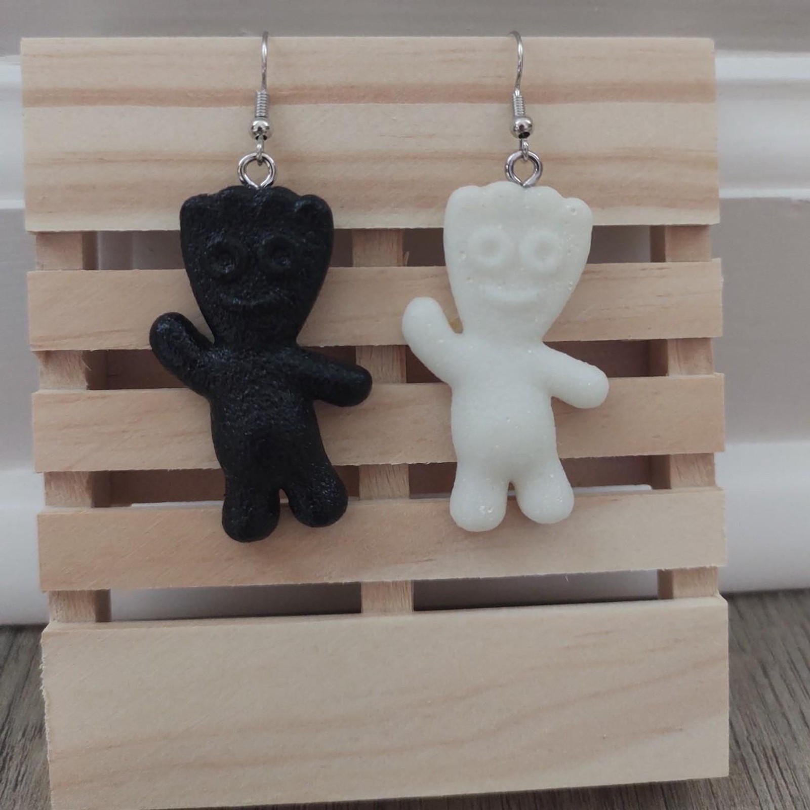 Handmade Black and White Mismatched Sour Patch Kids Resin Earrings