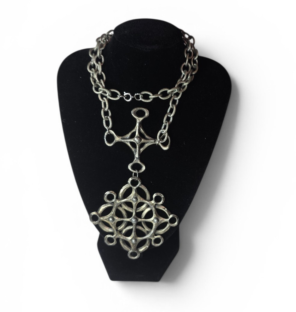 Chunky Vintage Gothic Grimoire Necklace Asymmetrical Charm Pendant Art Metal