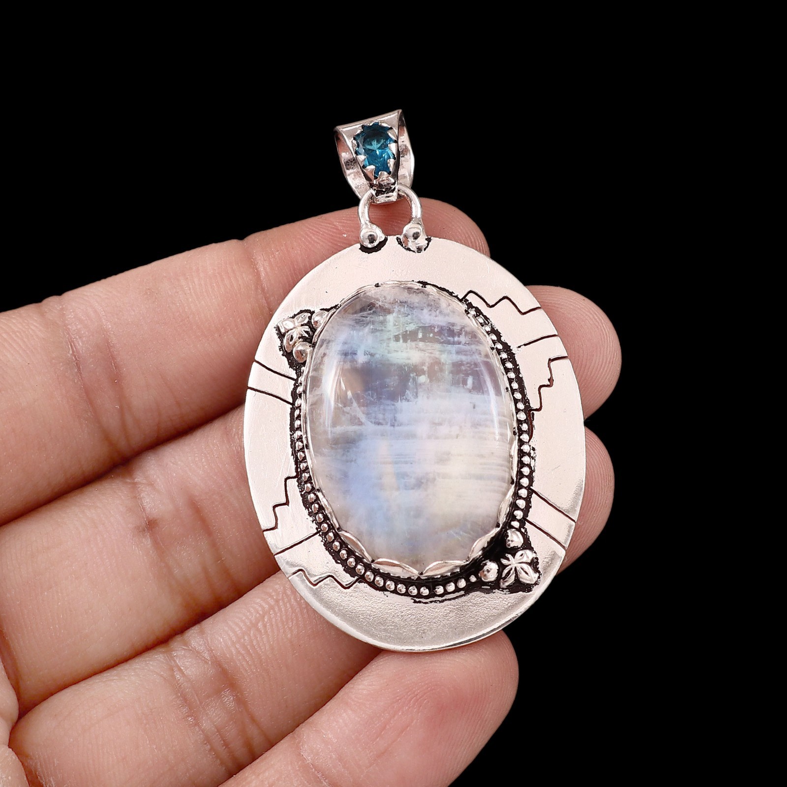 Rainbow Moonstone & Blue Topaz Pendant 925 Sterling Silver Handmade Necklace
