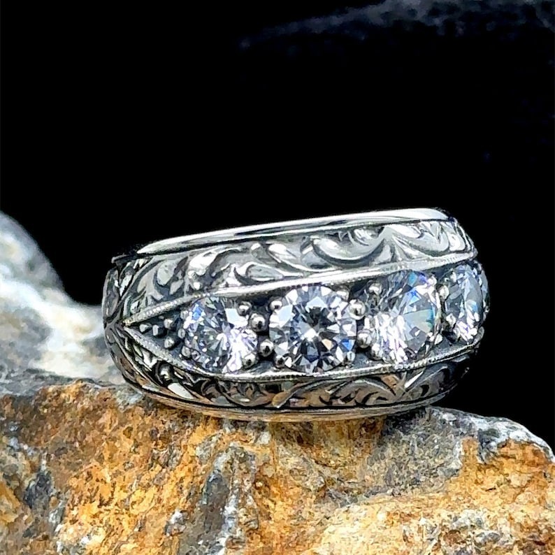 Men 925 Band Ring Silver Moissanite Ottoman Handmade Turkish Wedding Ring