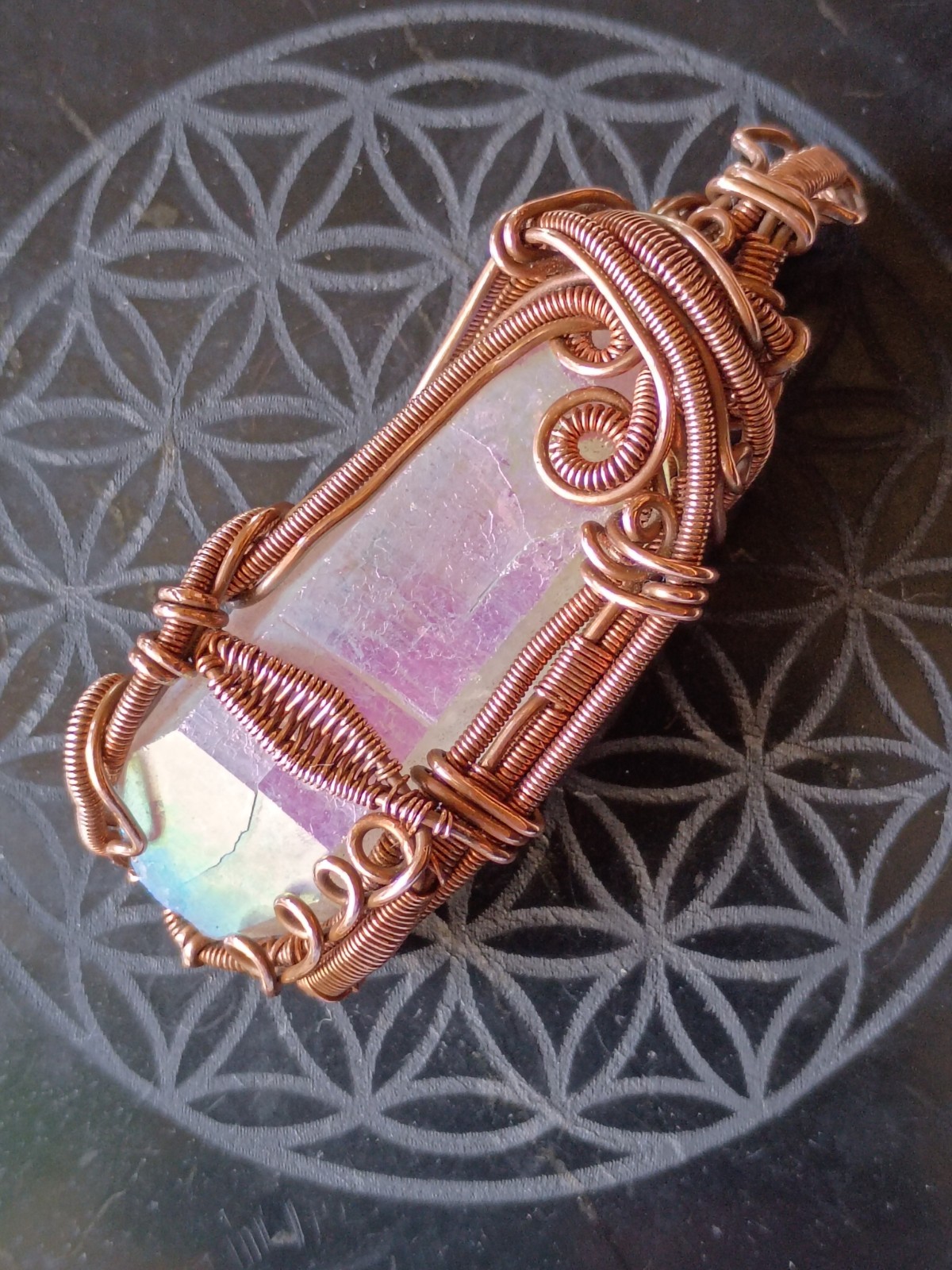 Angel Aura Quartz Crystal Wire Wrap double terminated Copper Pendant Necklace