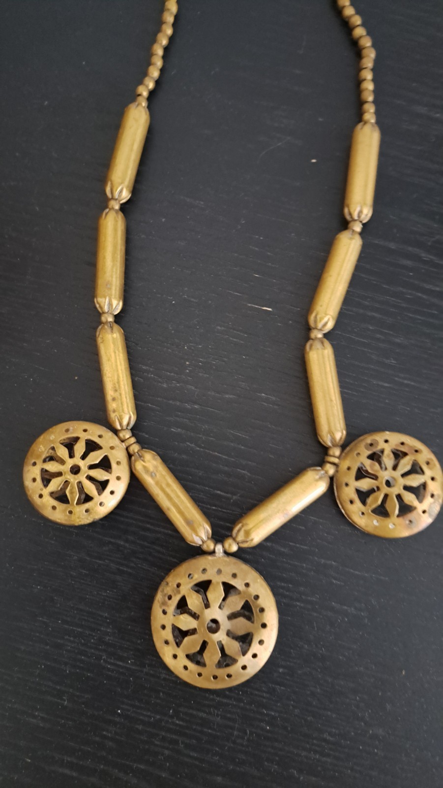 Brass Statement Tribal Necklace Pendant Boho Vintage 1980s Barrel Clasp