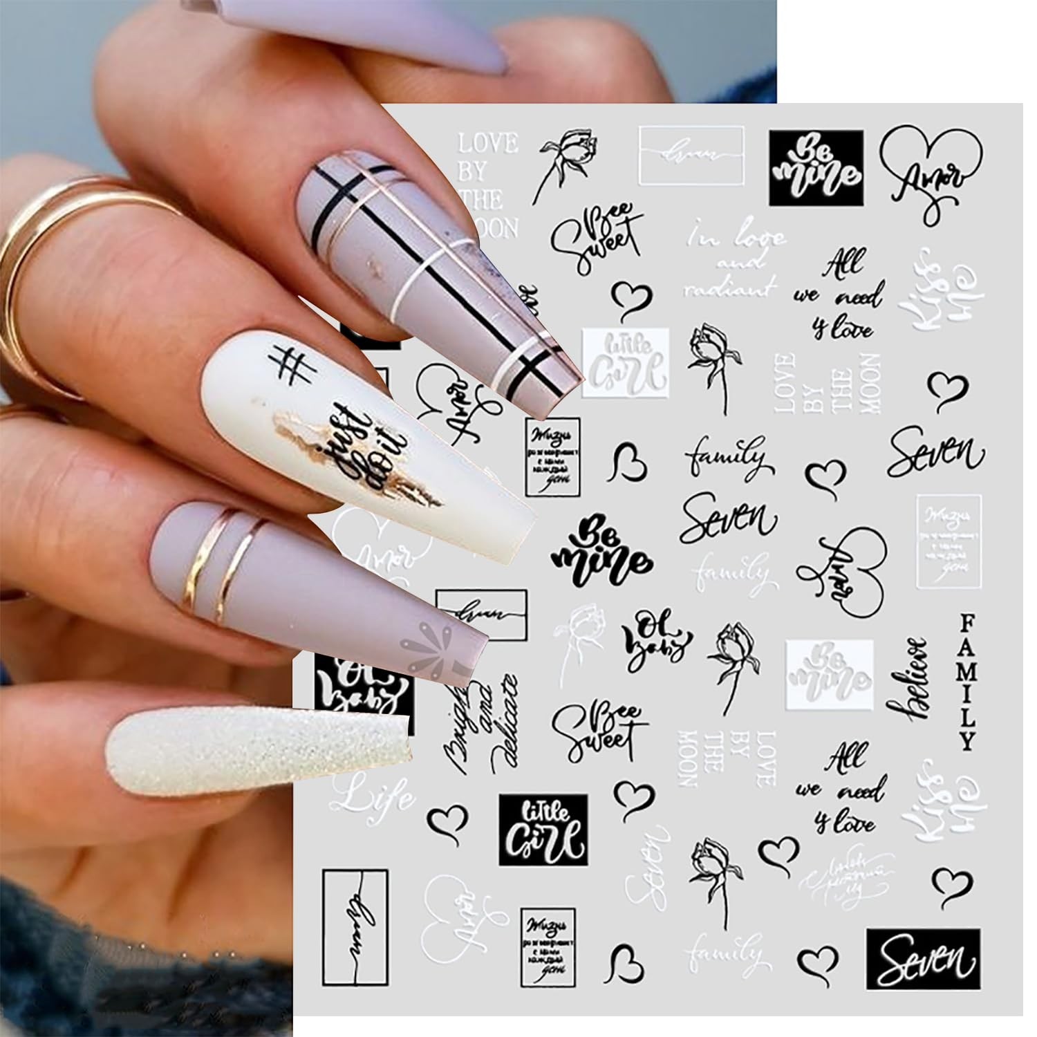 6 Sheets Black White Words Nail Stickers Self Adhesive English Words Abstract…