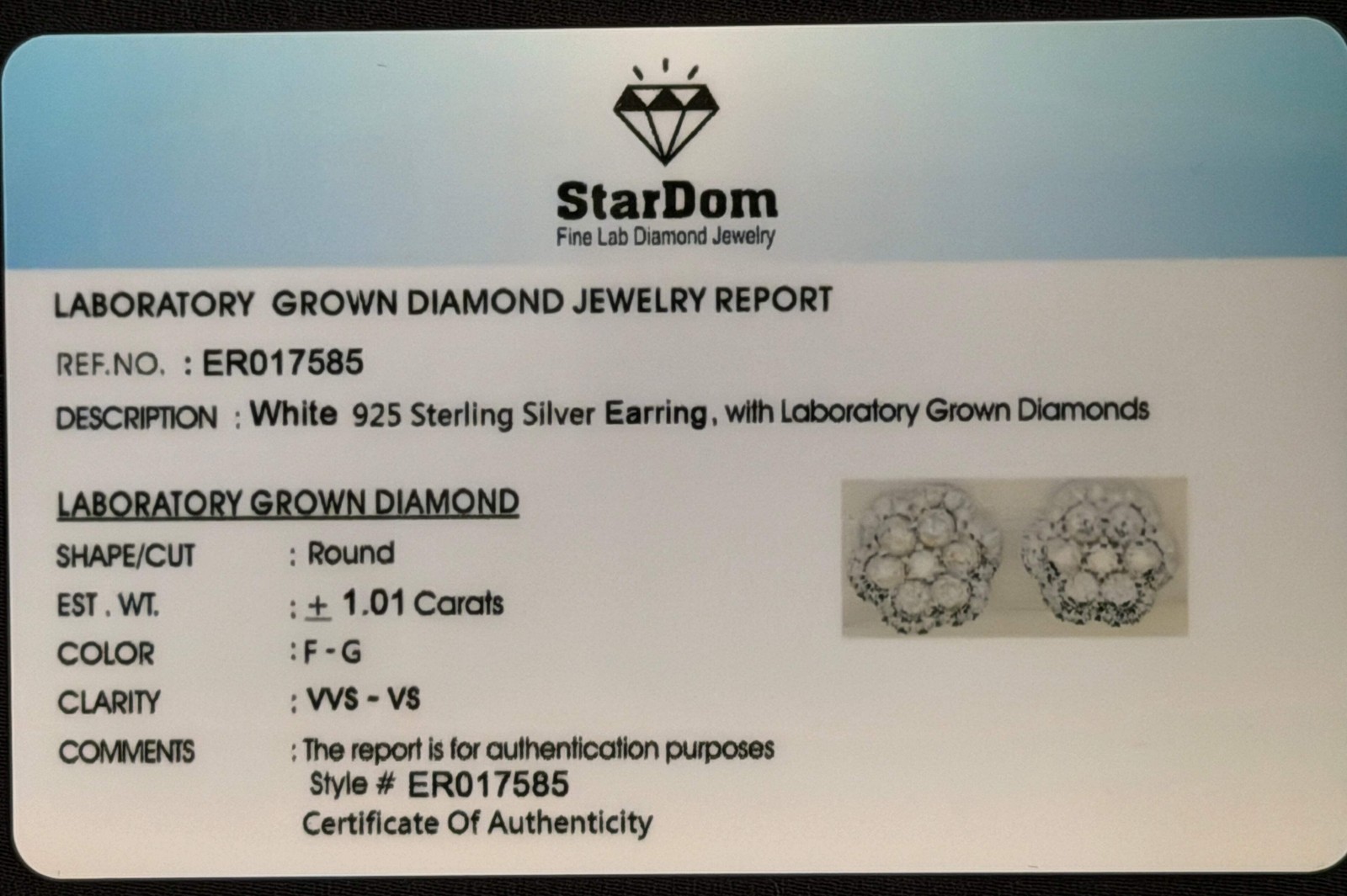 1.01 CARAT CERTIFIED LAB GROWN DIAMONDS 12 MM STERLING SILVER RHODIUM PLATED STU