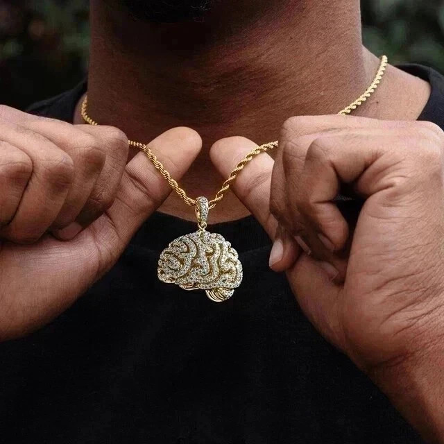 14K Yellow Gold Plated 2Ct Round Cut Simulated Diamond Brain Charm Men Pendant