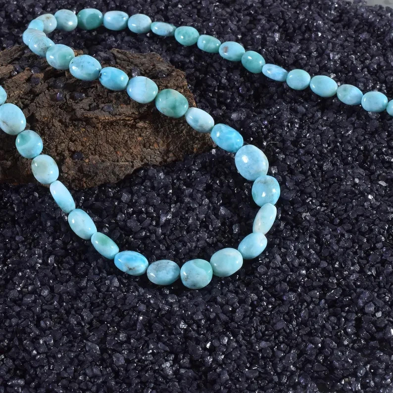 Natural Blue Larimar 4X6mm Beaded Necklace 925 Sterling Silver Handmade 18″ Gift