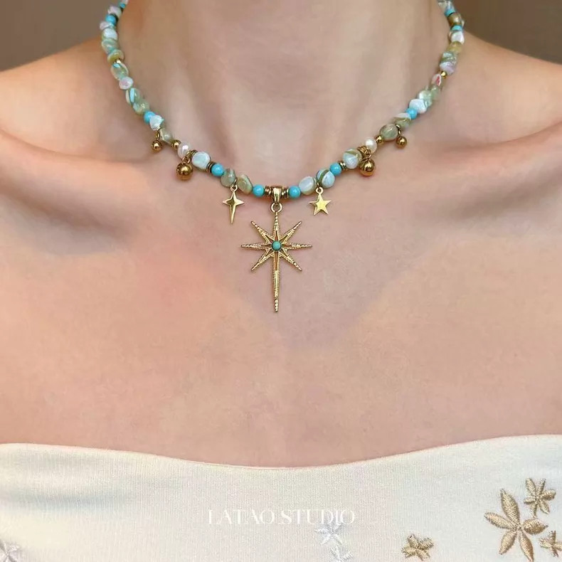 Blue and Gold Shell Starburst Three-Piece Necklace Set