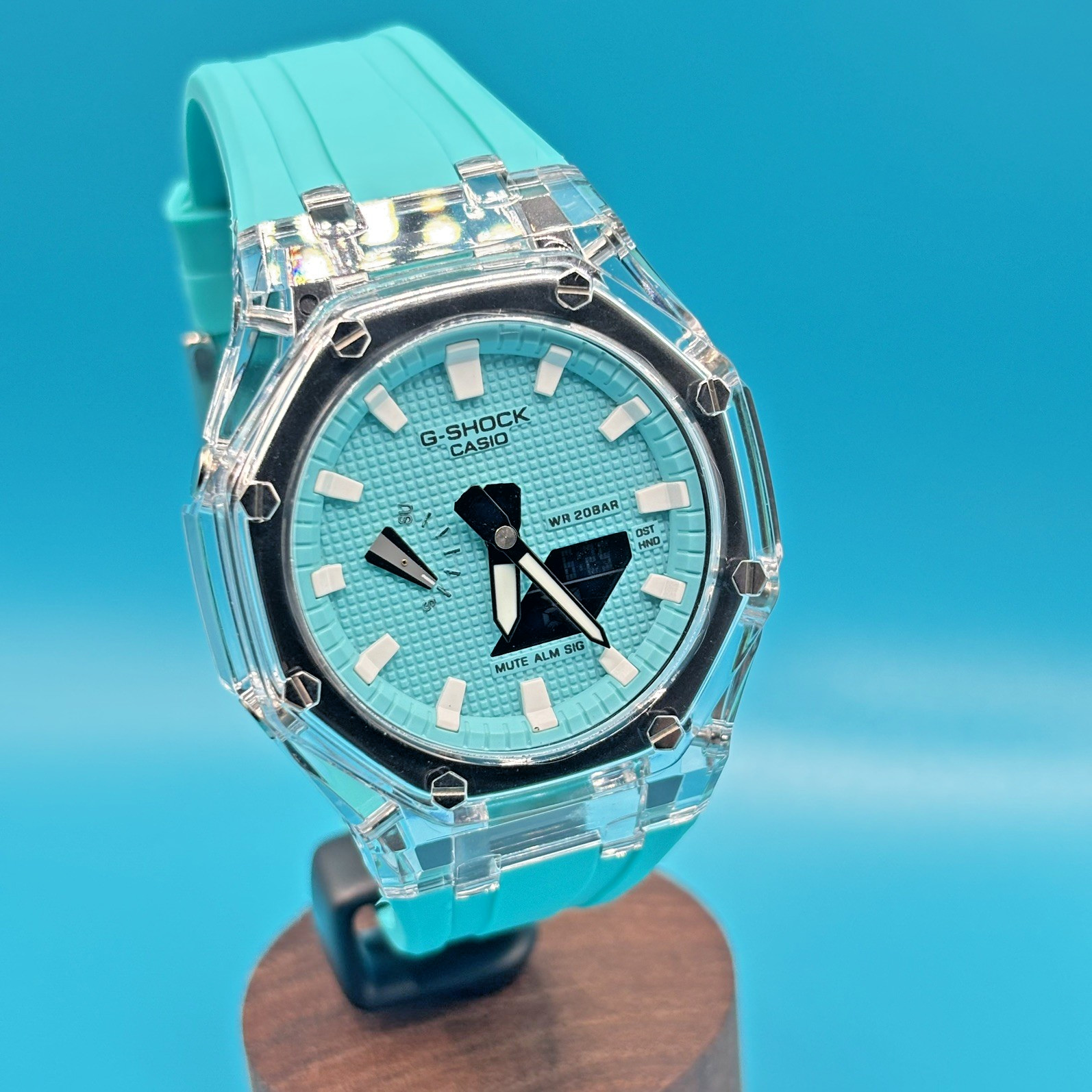 Custom GA-2100 Octagonal Watch Clear Case Sky Blue Dial Casio G-SHOCK Pool Blue